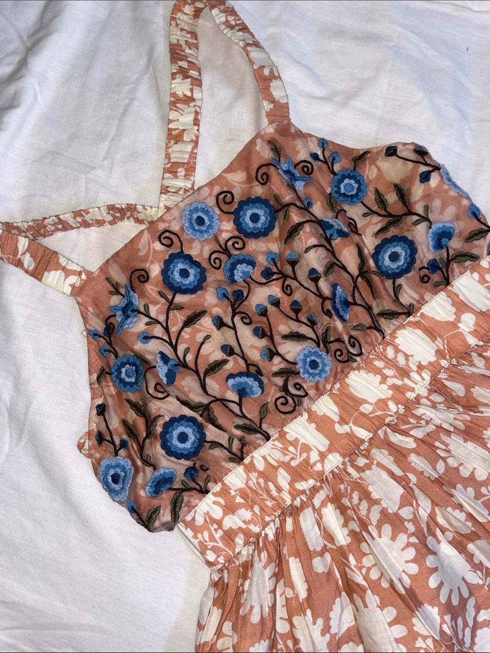 Let Me Be Embroidered Peach Mini Dress with Blue Floral Detail